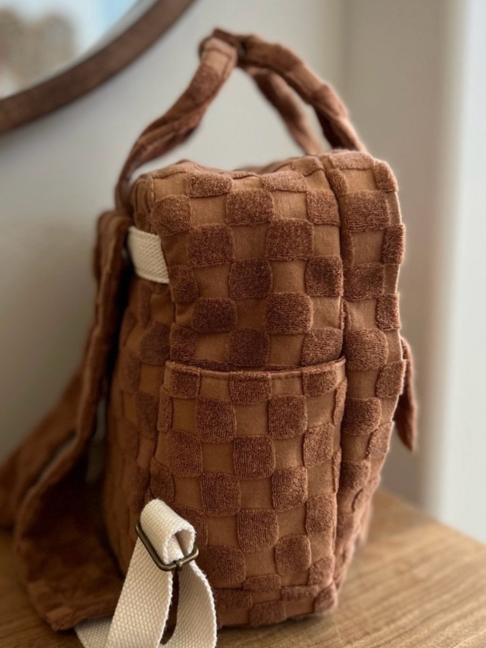 Rylee + Cru Tan Checkered Plush Mini Backpack Tote - Picture 6 of 9